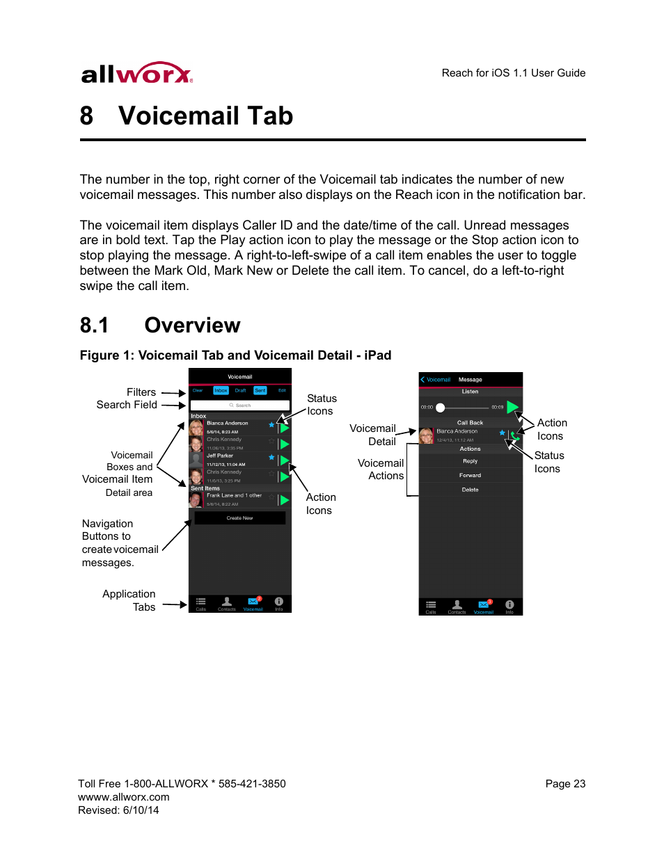 8 voicemail tab, 1 overview, Voicemail tab | Overview | Allworx for iOS User Manual | Page 31 / 52
