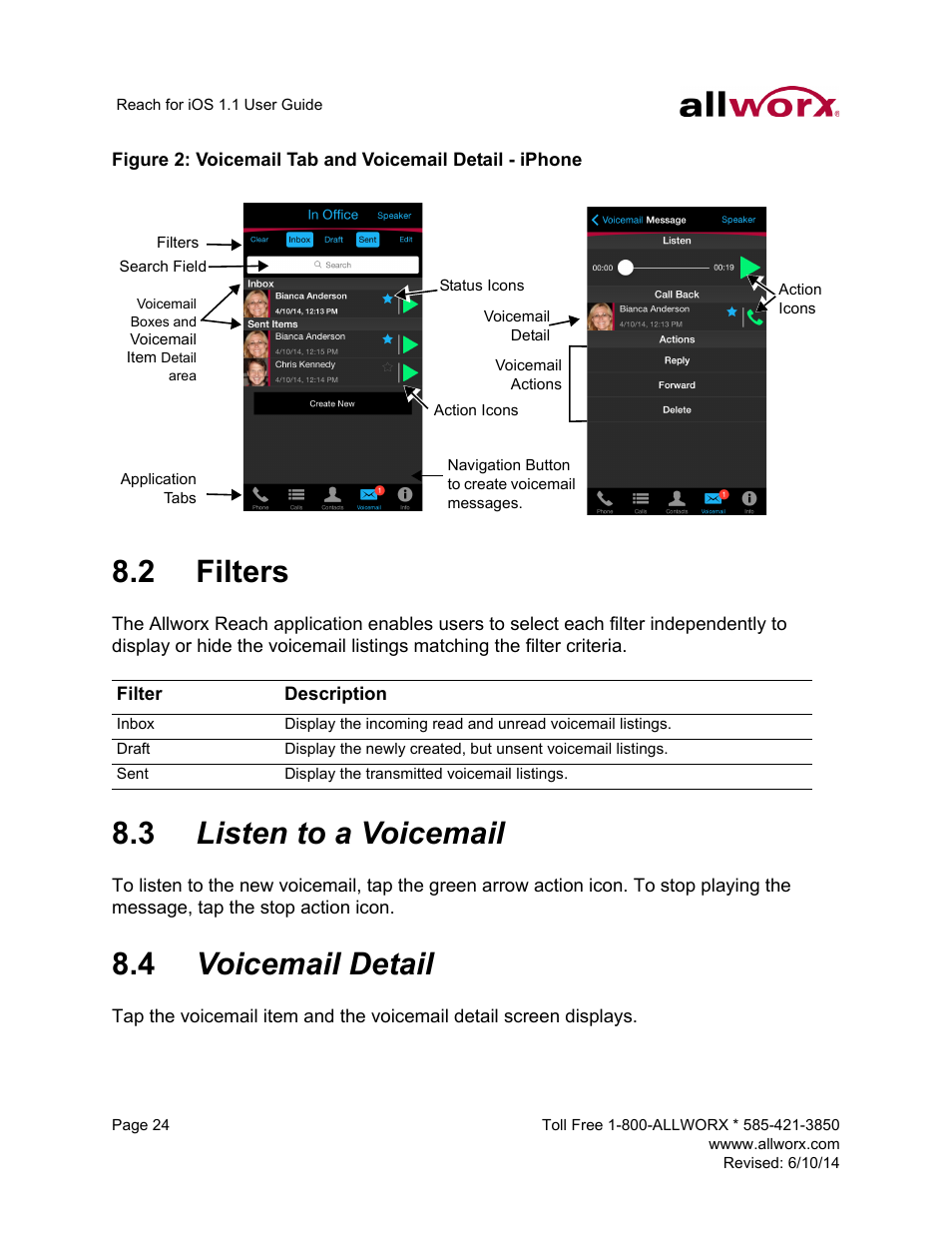 2 filters, 3 listen to a voicemail, 4 voicemail detail | Filters listen to a voicemail voicemail detail | Allworx for iOS User Manual | Page 32 / 52