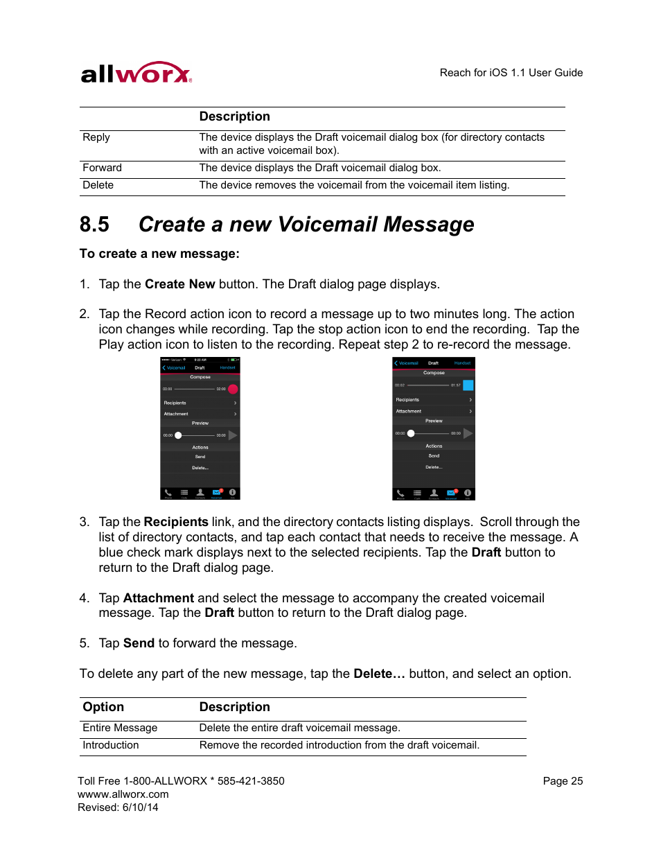 5 create a new voicemail message, Create a new voicemail message | Allworx for iOS User Manual | Page 33 / 52