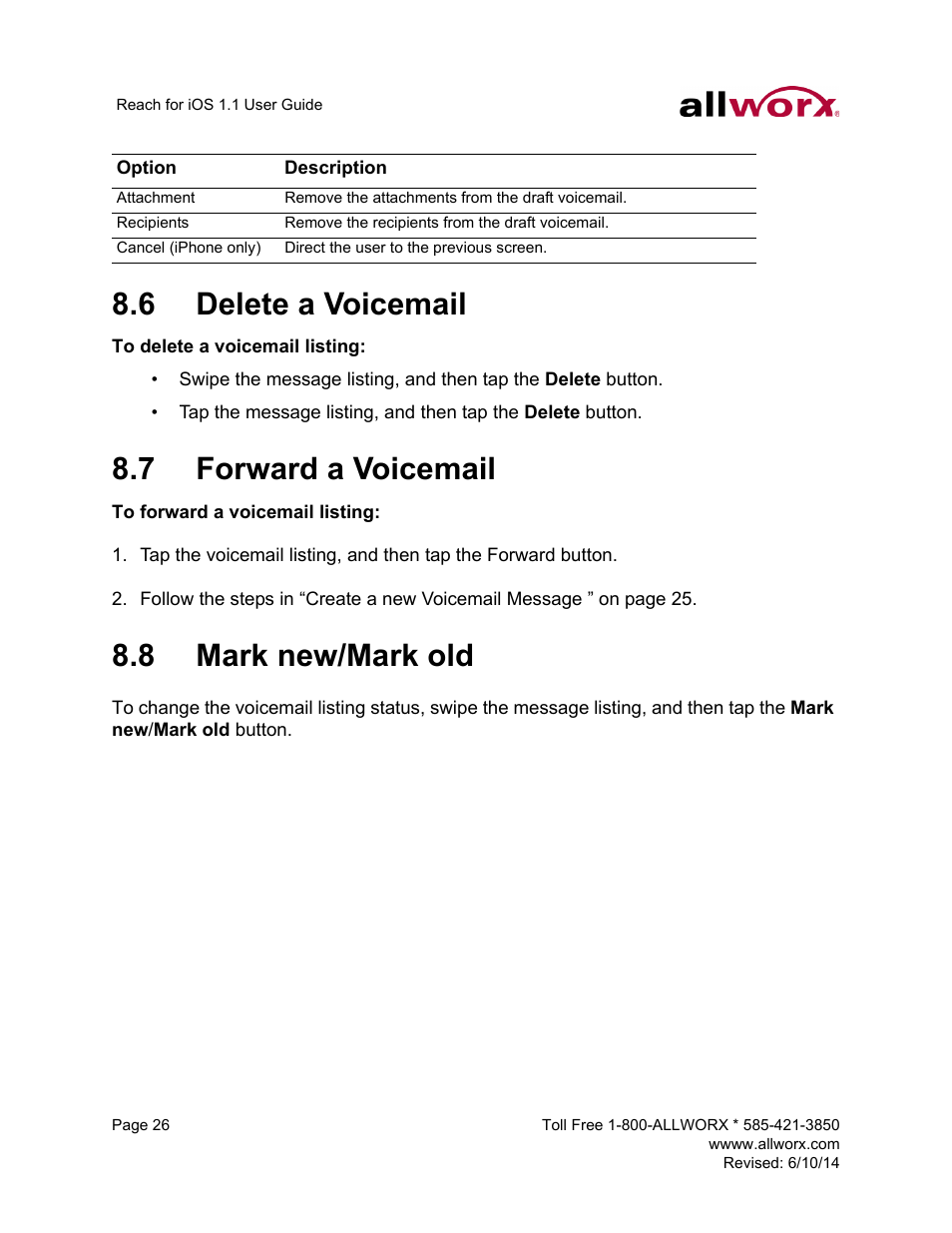 6 delete a voicemail, 7 forward a voicemail, 8 mark new/mark old | Allworx for iOS User Manual | Page 34 / 52