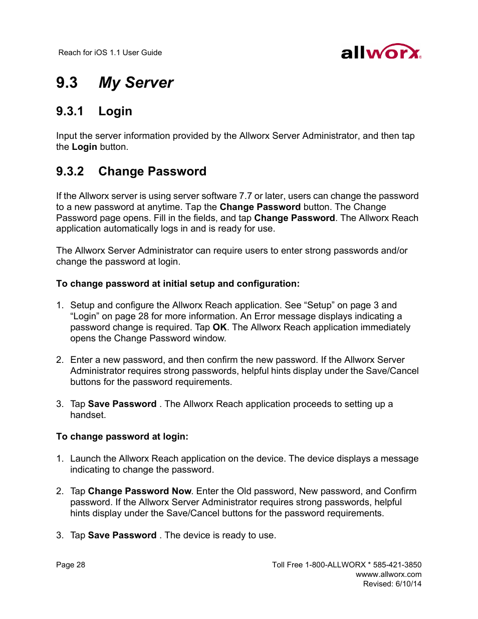3 my server, 1 login, 2 change password | My server | Allworx for iOS User Manual | Page 36 / 52