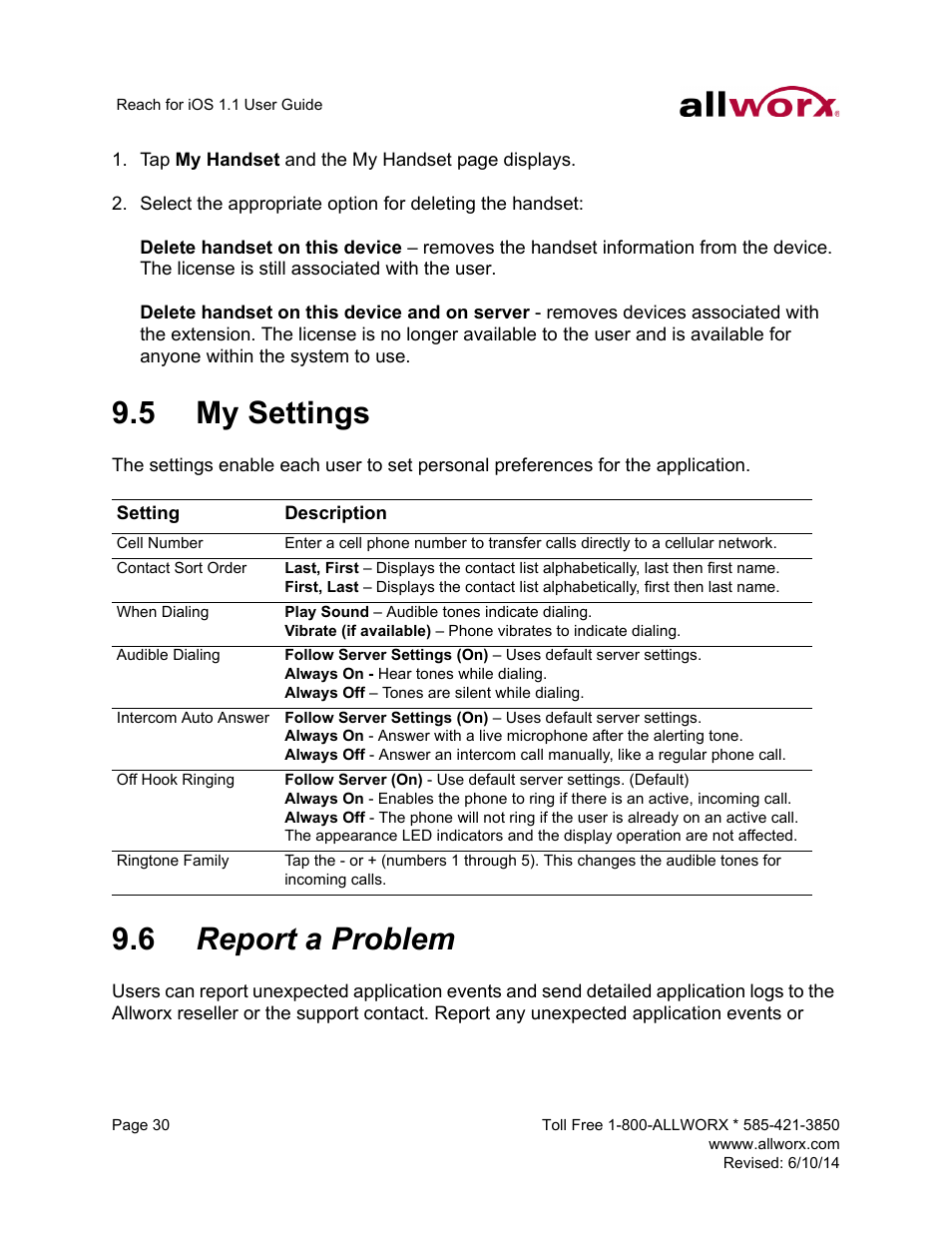 5 my settings, 6 report a problem, My settings report a problem | Allworx for iOS User Manual | Page 38 / 52