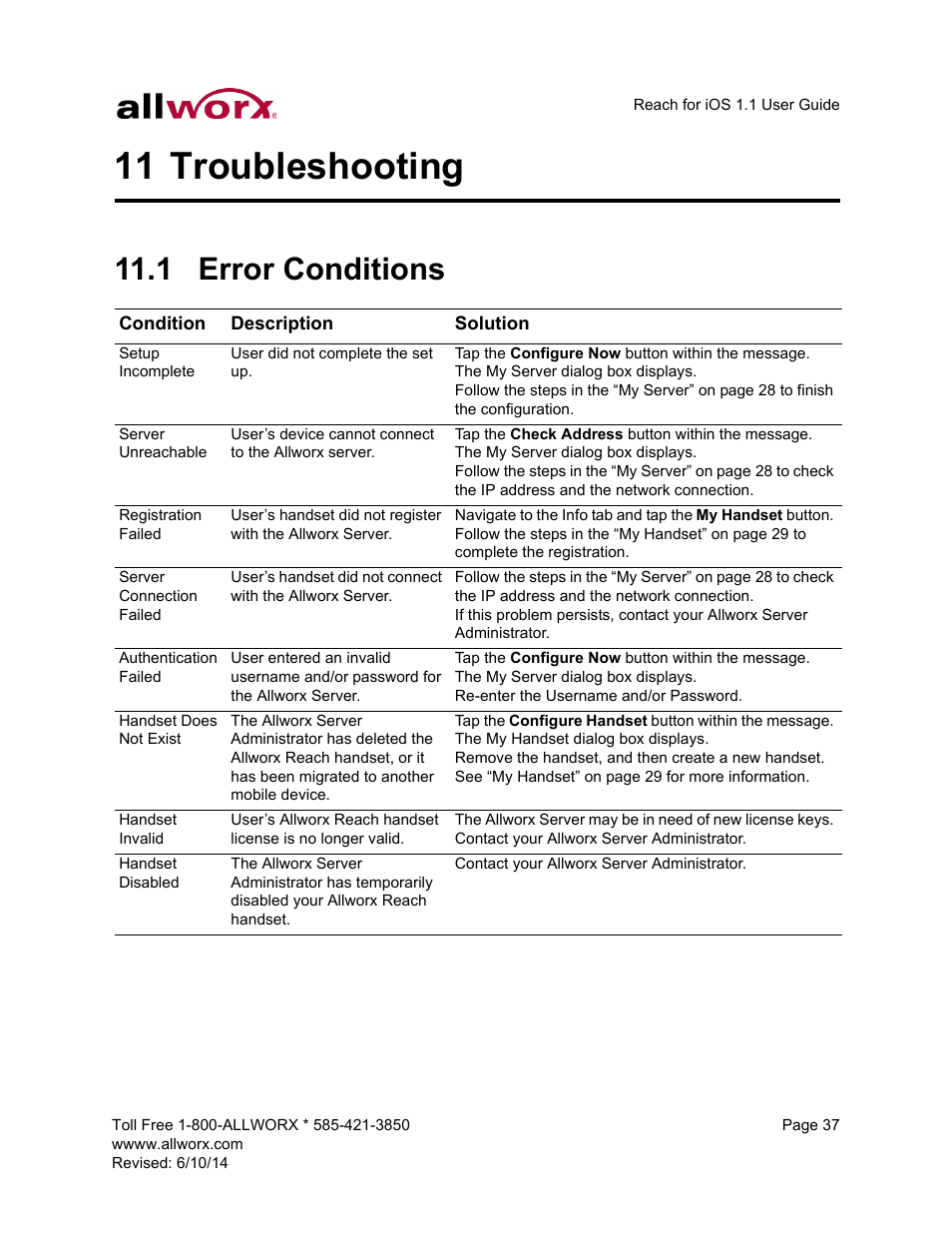 11 troubleshooting, 1 error conditions, Troubleshooting | Allworx for iOS User Manual | Page 45 / 52