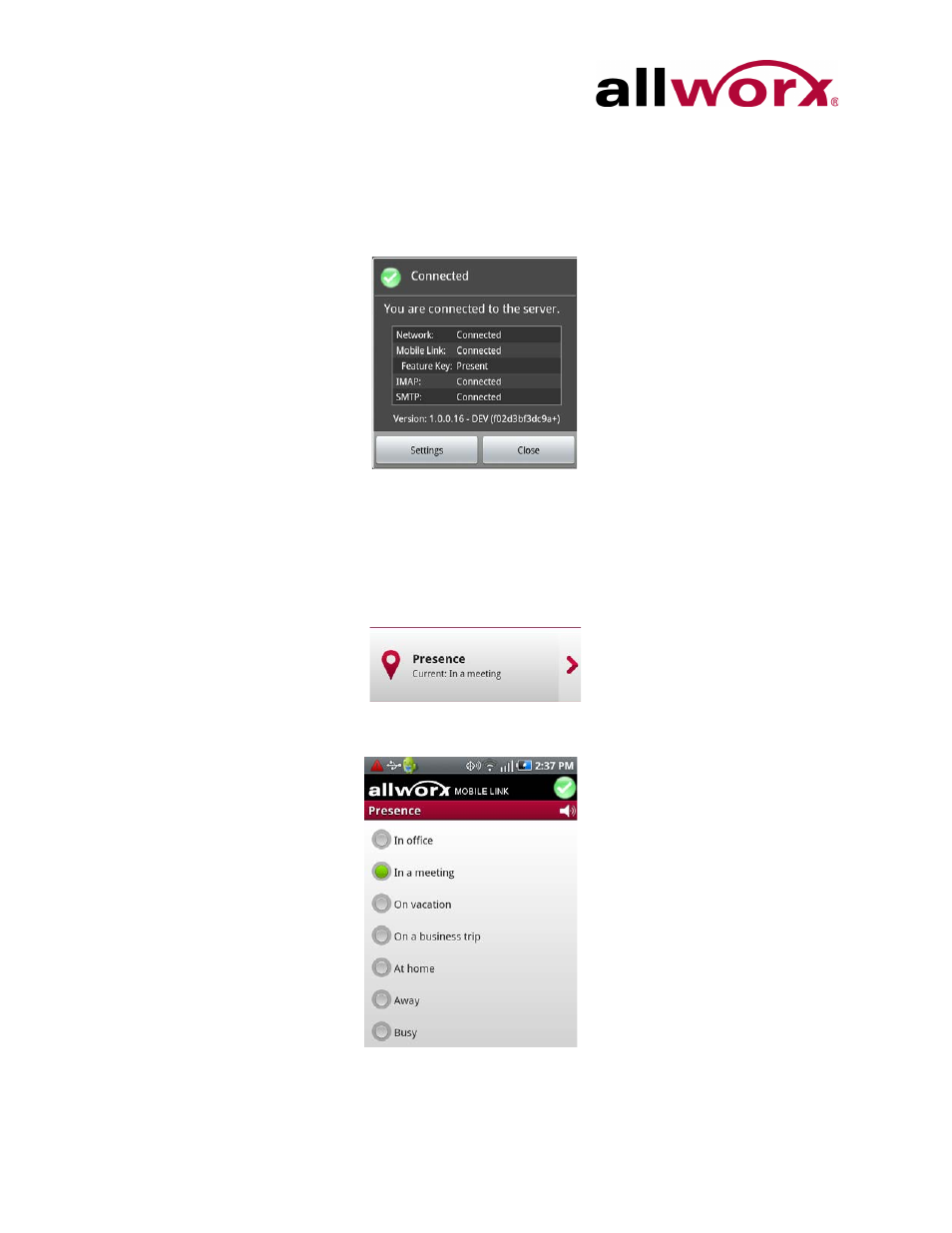 1 connection status, 2 presence, Connection status | Presence | Allworx Mobile Link for Android User Manual | Page 10 / 16