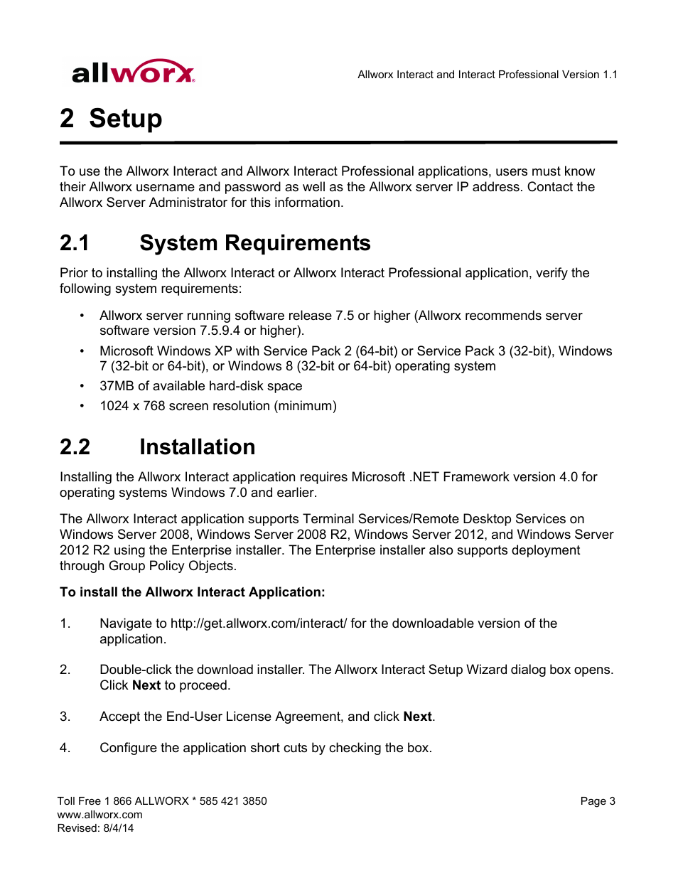 2 setup, 1 system requirements, 2 installation | Setup, System requirements installation | Allworx Allworx User Manual | Page 11 / 46