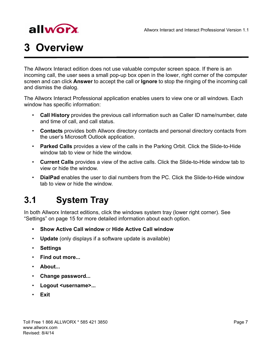 3 overview, 1 system tray, Overview | System tray | Allworx Allworx User Manual | Page 15 / 46
