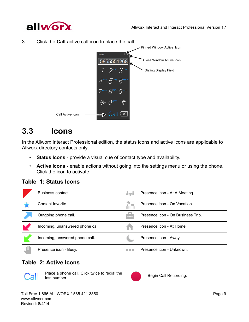 3 icons, Icons, Table 1: status icons | Table 2: active icons | Allworx Allworx User Manual | Page 17 / 46