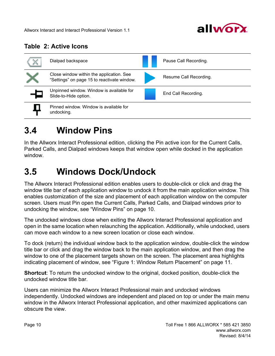 4 window pins, 5 windows dock/undock, Window pins windows dock/undock | Allworx Allworx User Manual | Page 18 / 46