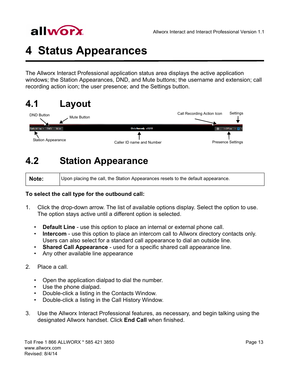 4 status appearances, 1 layout, 2 station appearance | Status appearances, Layout station appearance, 1 layout 4.2 station appearance | Allworx Allworx User Manual | Page 21 / 46