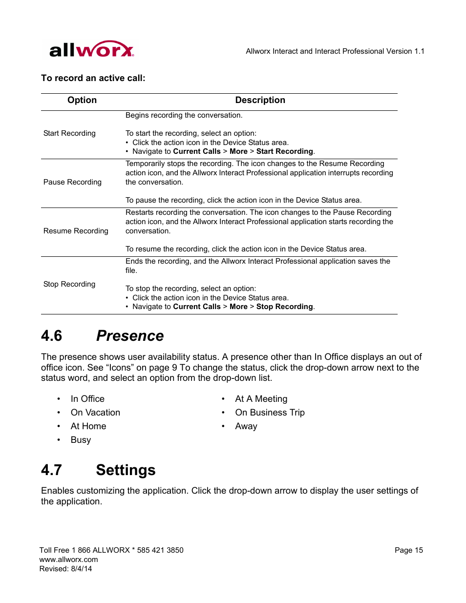 6 presence, 7 settings, Presence settings | Allworx Allworx User Manual | Page 23 / 46