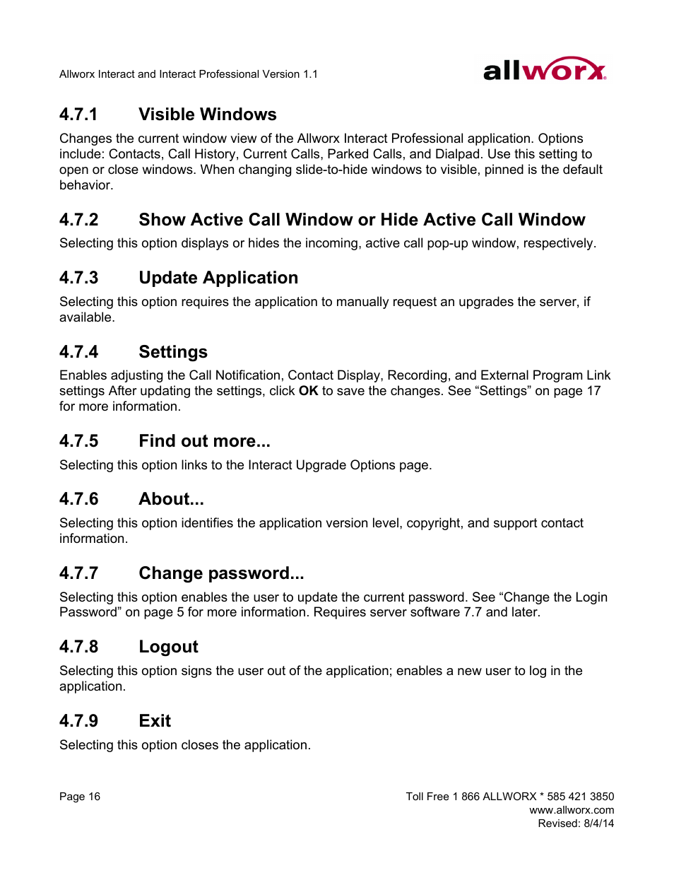 1 visible windows, 3 update application, 4 settings | 5 find out more, 6 about, 7 change password, 8 logout, 9 exit | Allworx Allworx User Manual | Page 24 / 46