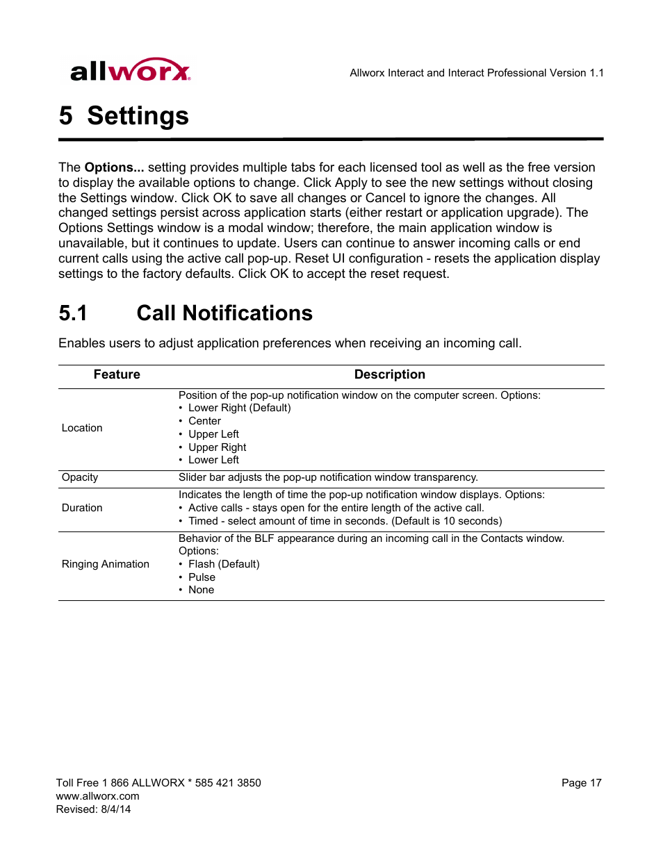 5 settings, 1 call notifications, Settings | Call notifications | Allworx Allworx User Manual | Page 25 / 46