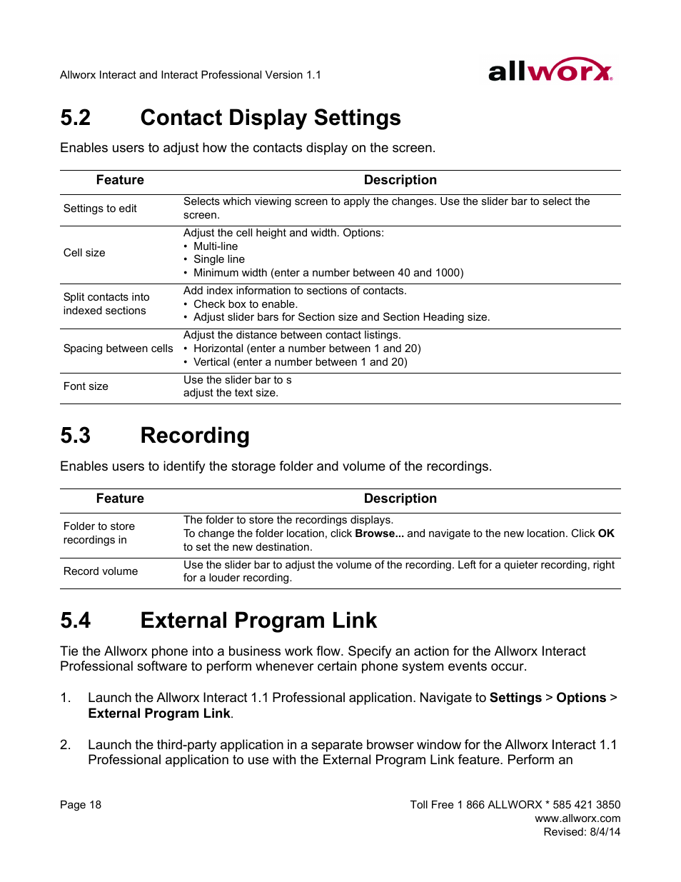 2 contact display settings, 3 recording, 4 external program link | Allworx Allworx User Manual | Page 26 / 46