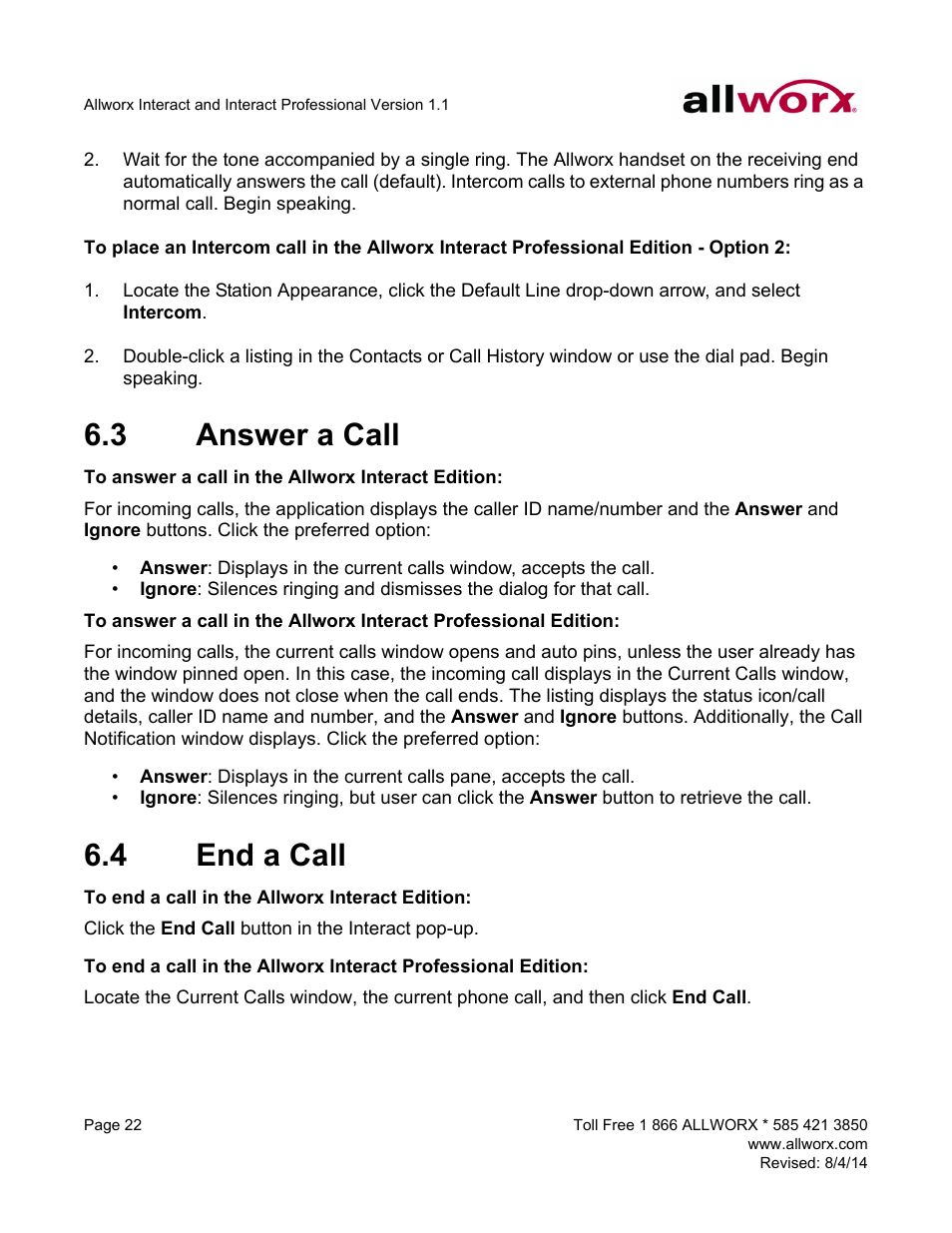 3 answer a call, 4 end a call, Answer a call end a call | Allworx Allworx User Manual | Page 30 / 46