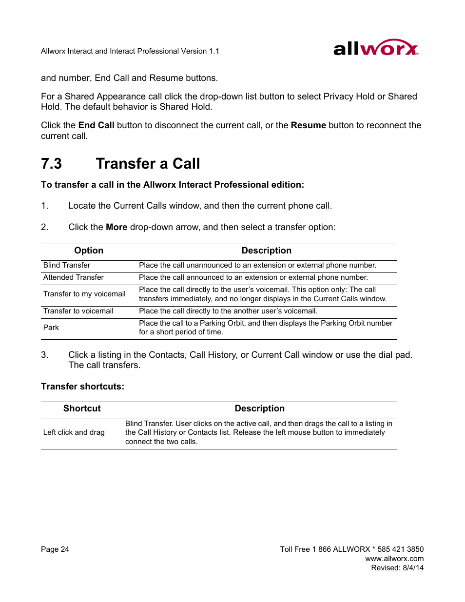 3 transfer a call, Transfer a call | Allworx Allworx User Manual | Page 32 / 46