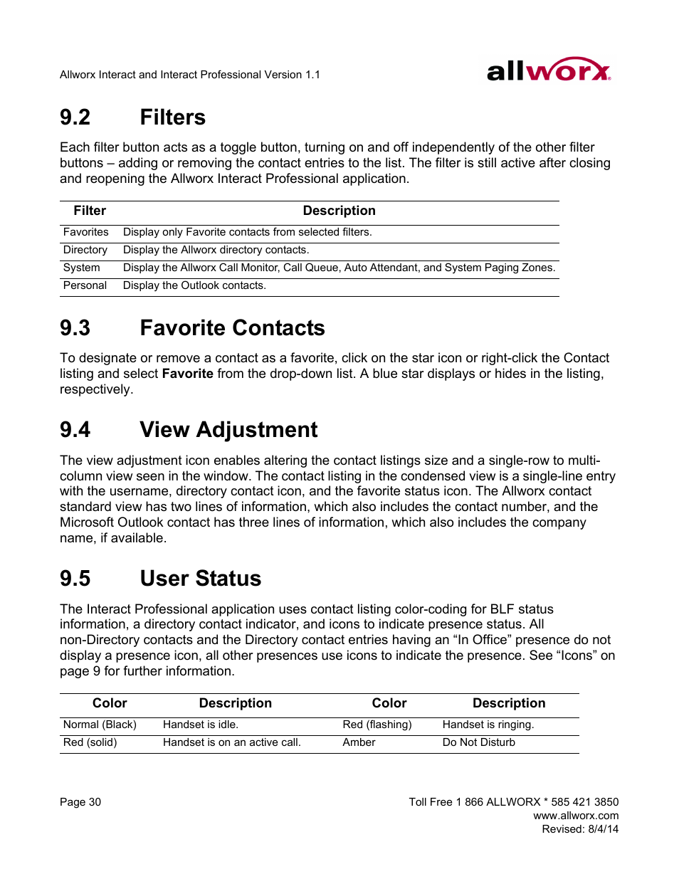 2 filters, 3 favorite contacts, 4 view adjustment | 5 user status, Filters favorite contacts view adjustment, User status | Allworx Allworx User Manual | Page 38 / 46
