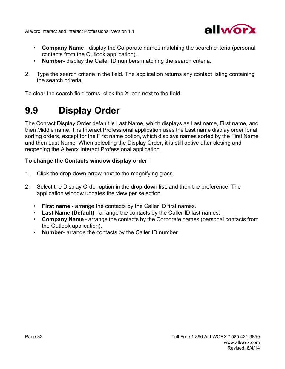 9 display order, Display order | Allworx Allworx User Manual | Page 40 / 46