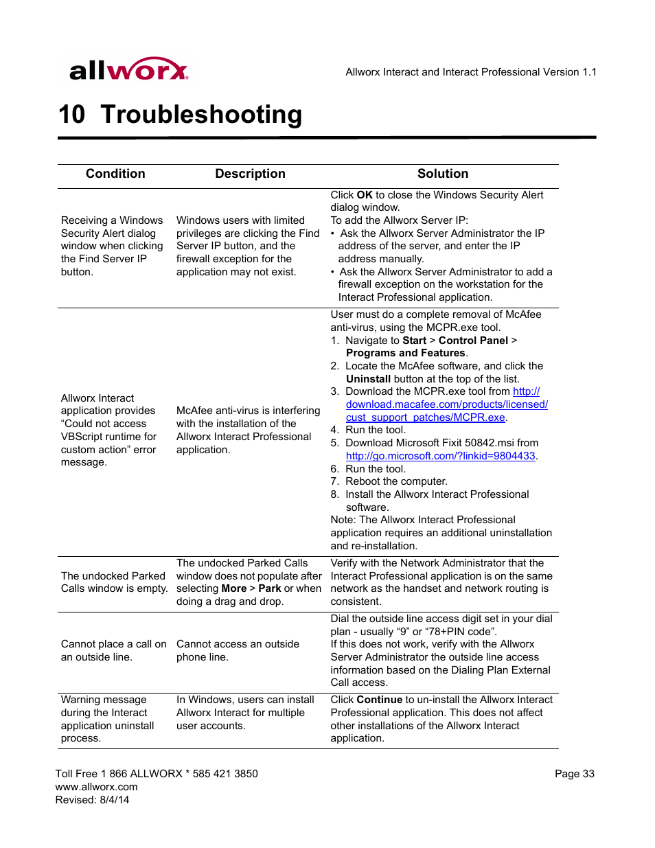 10 troubleshooting, Troubleshooting | Allworx Allworx User Manual | Page 41 / 46