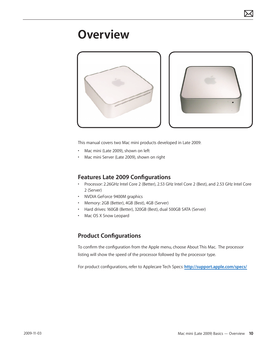 Overview, Features late 2009 configurations, Product configurations | Overview 10 | Apple Mac mini Late 2009 (Technician Guide) User Manual | Page 10 / 148