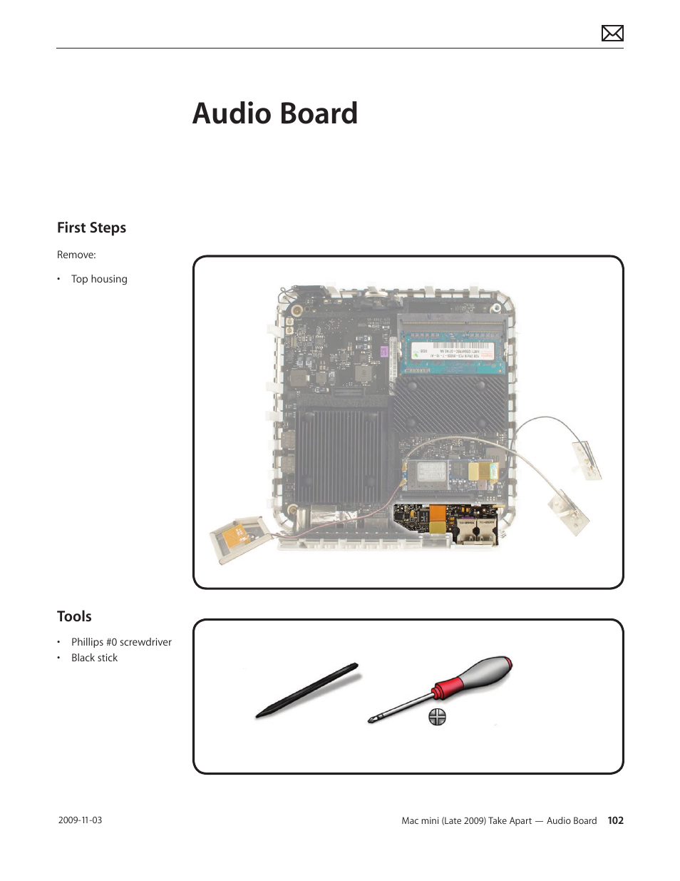 Audio board, Audio board 102 | Apple Mac mini Late 2009 (Technician Guide) User Manual | Page 102 / 148