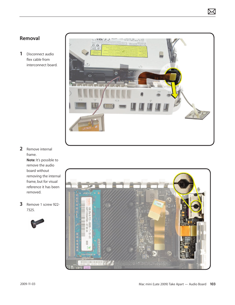 Removal, Removal 103 | Apple Mac mini Late 2009 (Technician Guide) User Manual | Page 103 / 148