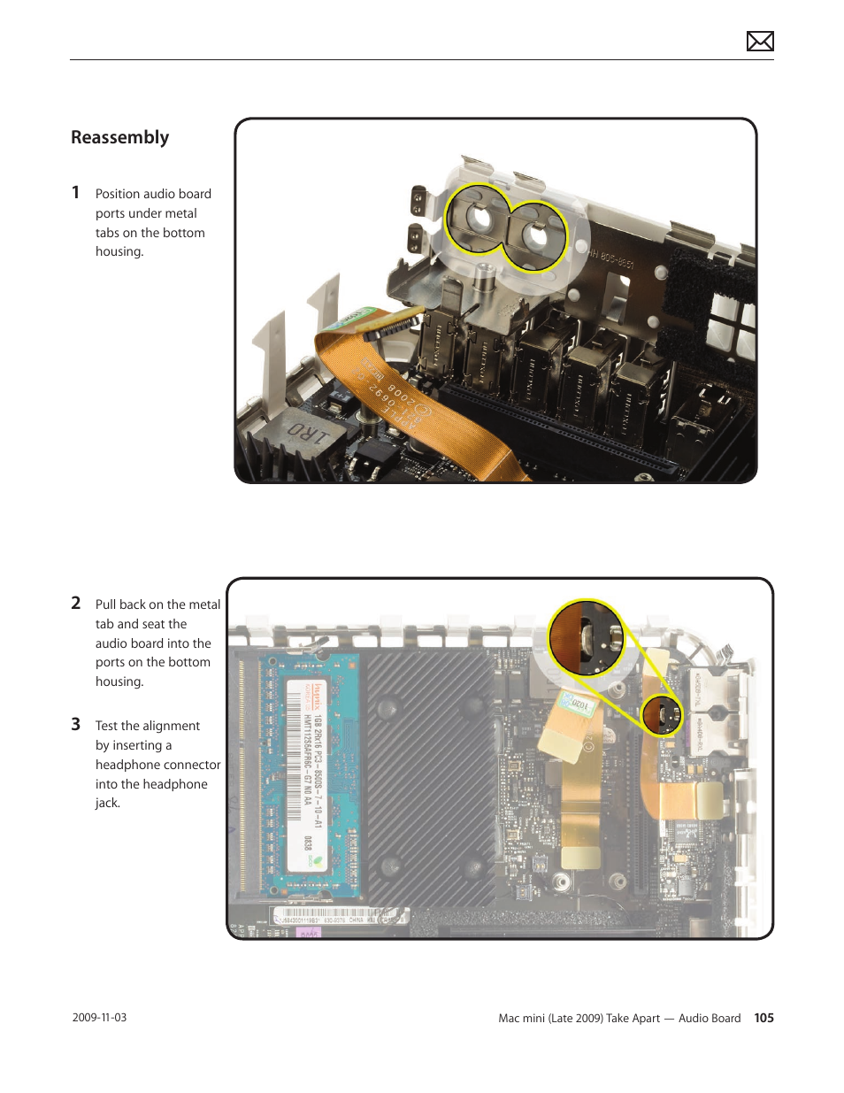 Reassembly, Reassembly 105 | Apple Mac mini Late 2009 (Technician Guide) User Manual | Page 105 / 148