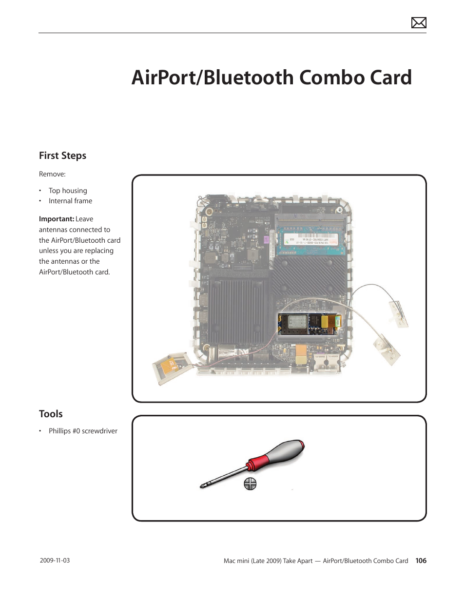 Airport/bluetooth combo card, Airport/bluetooth combo card 106, First steps | Tools | Apple Mac mini Late 2009 (Technician Guide) User Manual | Page 106 / 148