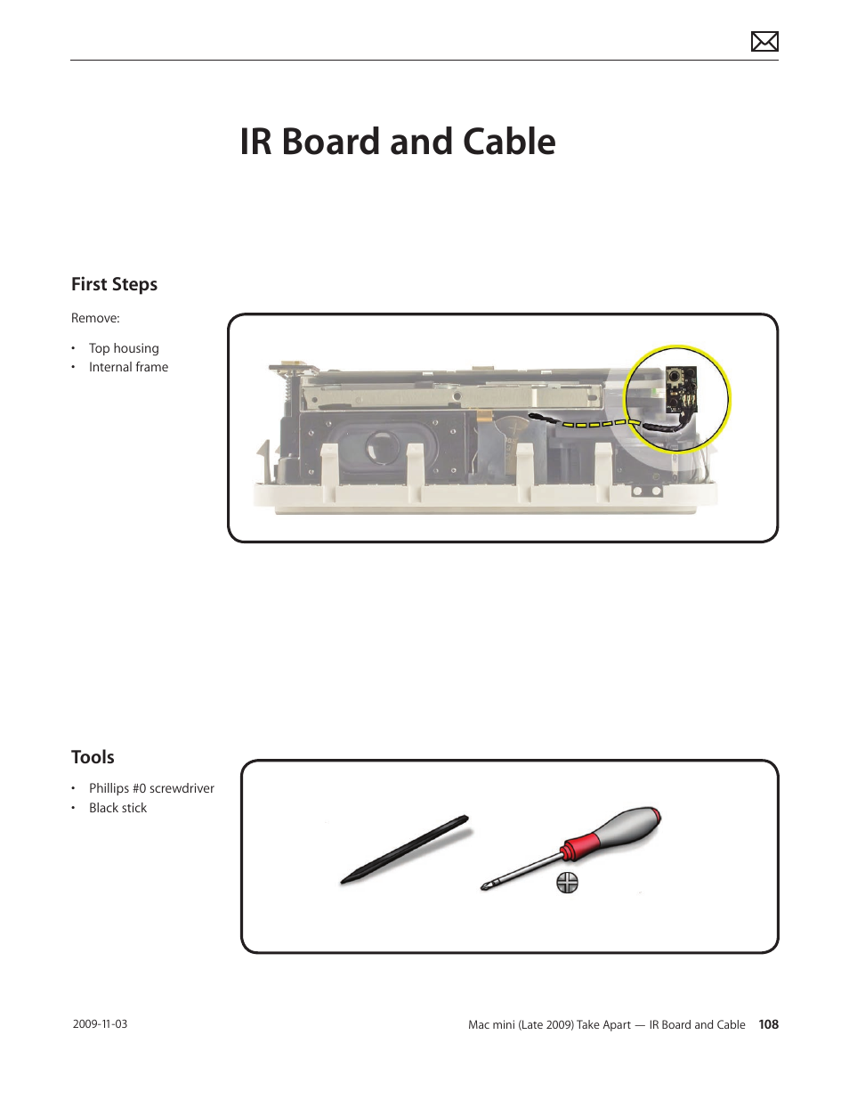 Ir board and cable, Ir board and cable 108, First steps | Tools | Apple Mac mini Late 2009 (Technician Guide) User Manual | Page 108 / 148