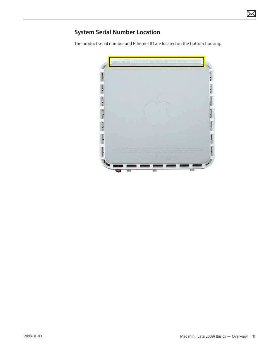 System serial number location, System serial number location 11 | Apple Mac mini Late 2009 (Technician Guide) User Manual | Page 11 / 148