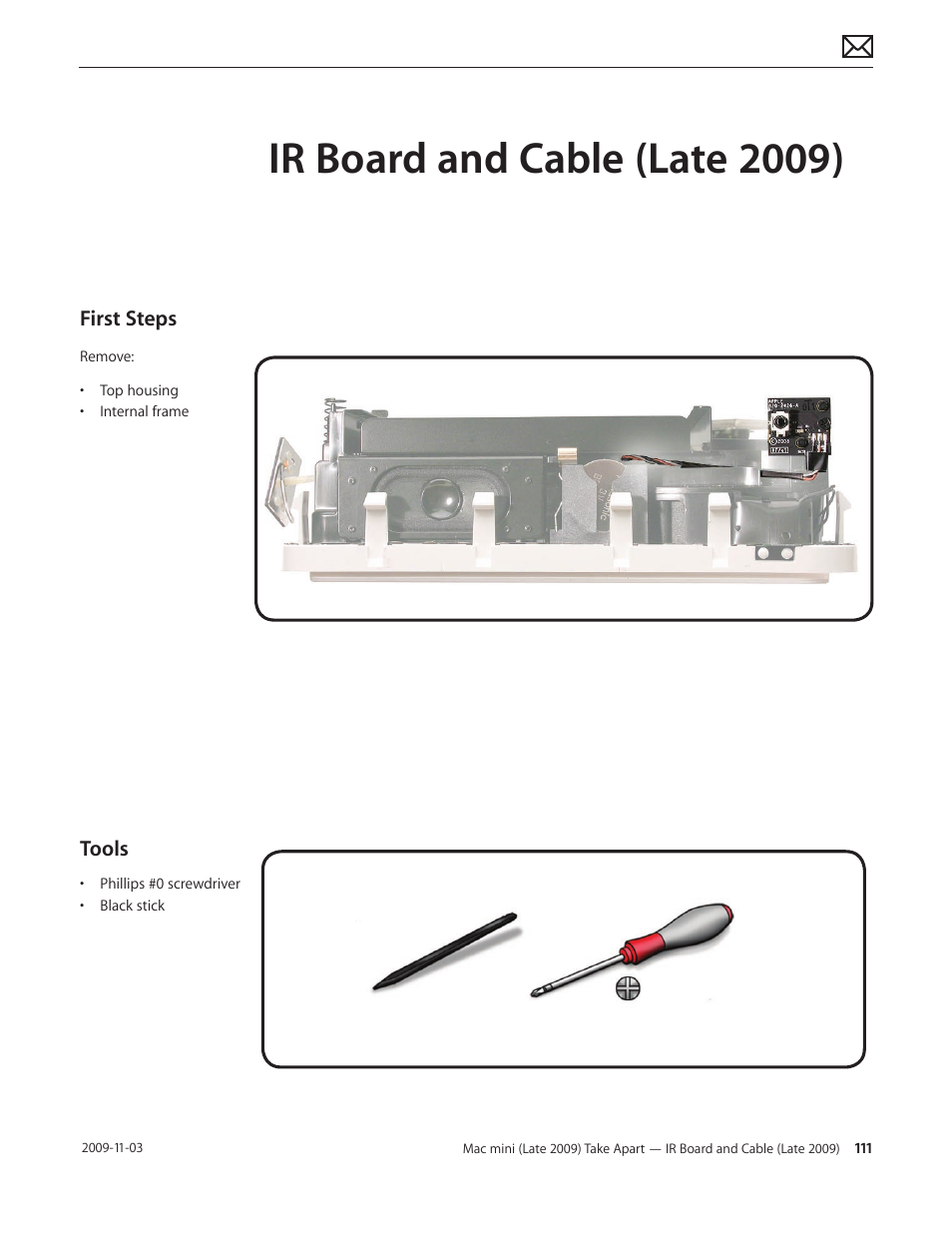 Ir board and cable (late 2009), Ir board and cable (late 2009) 111, First steps | Tools | Apple Mac mini Late 2009 (Technician Guide) User Manual | Page 111 / 148