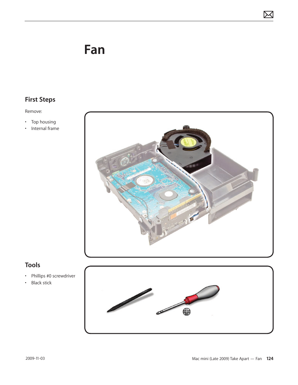 Fan 124, First steps, Tools | Apple Mac mini Late 2009 (Technician Guide) User Manual | Page 124 / 148