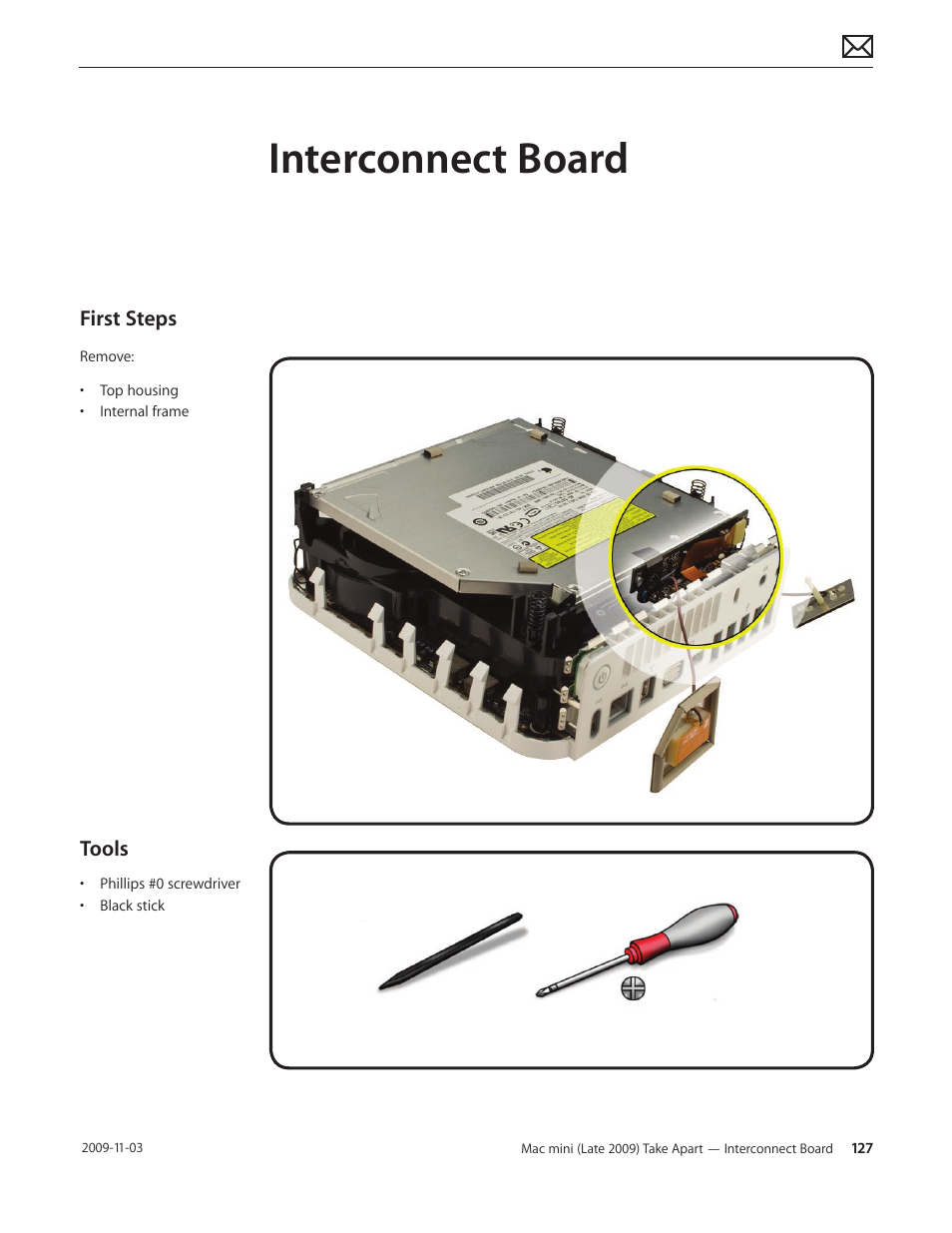 Interconnect board, Interconnect board 127, First steps | Tools | Apple Mac mini Late 2009 (Technician Guide) User Manual | Page 127 / 148