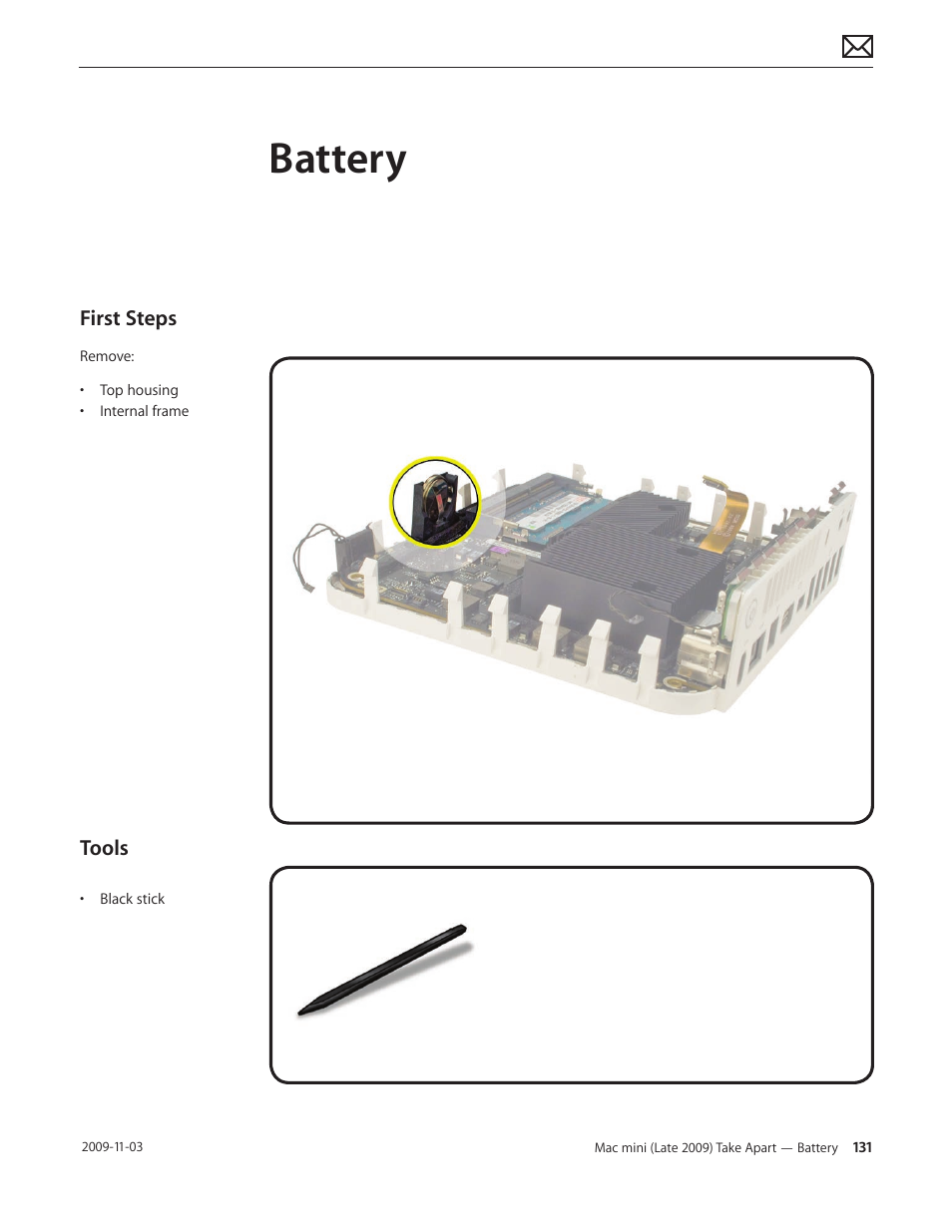 Battery, Battery 131, First steps | Tools | Apple Mac mini Late 2009 (Technician Guide) User Manual | Page 131 / 148