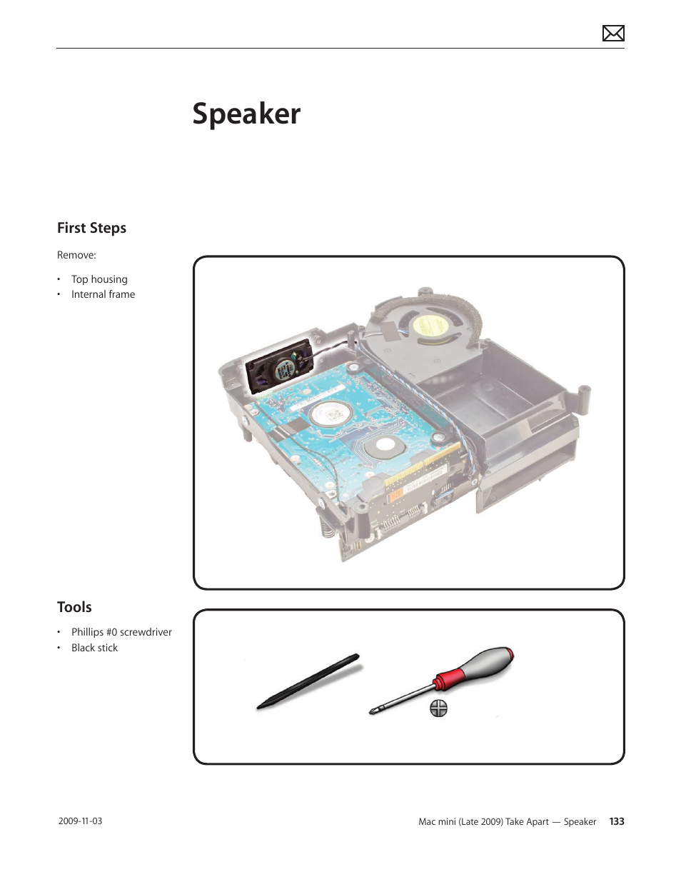 Speaker, Speaker 133, First steps | Tools | Apple Mac mini Late 2009 (Technician Guide) User Manual | Page 133 / 148