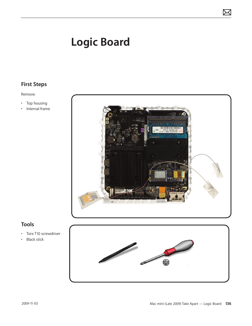 Logic board, Logic board 136, First steps | Tools | Apple Mac mini Late 2009 (Technician Guide) User Manual | Page 136 / 148