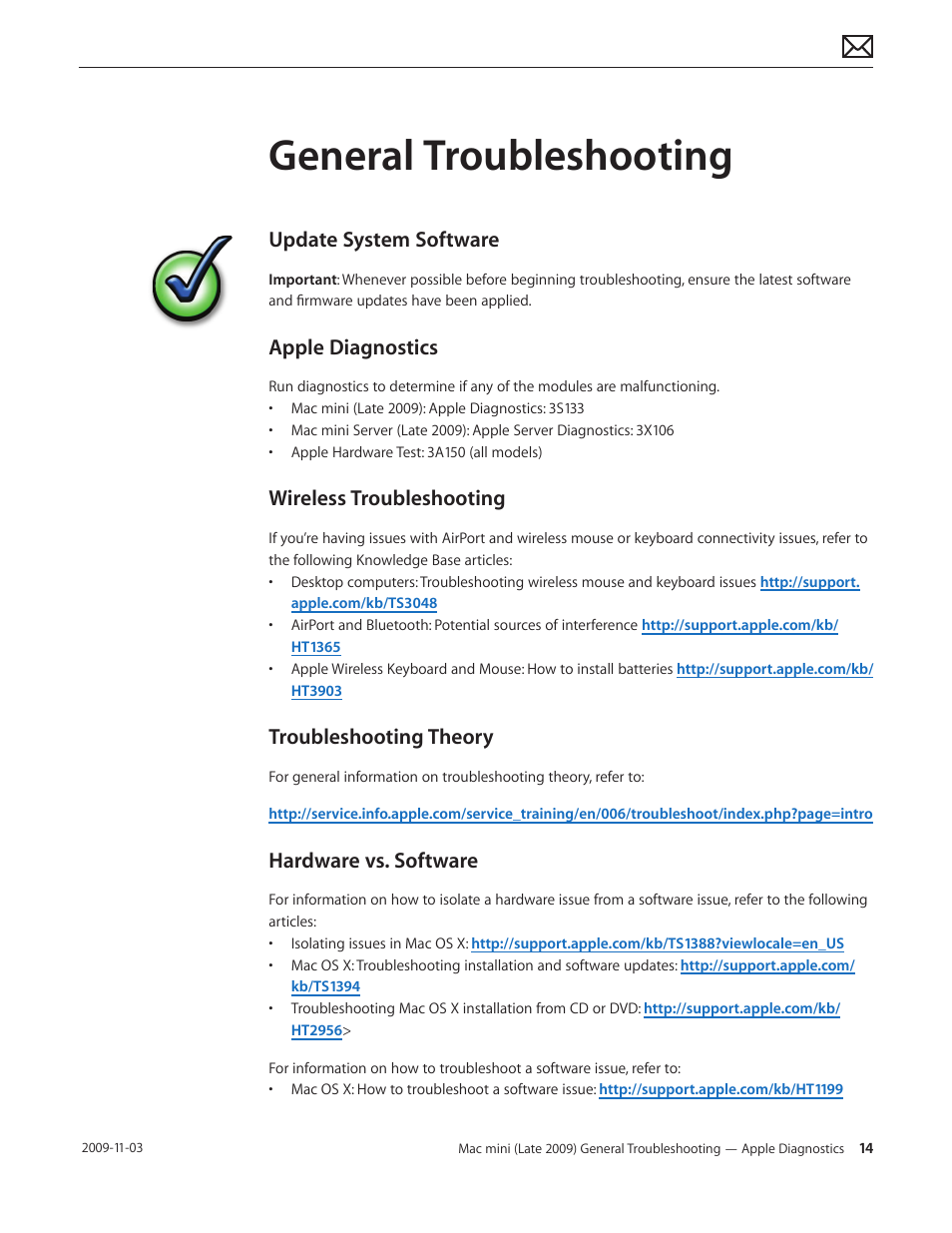General troubleshooting, Update system software, Apple diagnostics | Wireless troubleshooting, Troubleshooting theory, Hardware vs. software, General troubleshooting 14 | Apple Mac mini Late 2009 (Technician Guide) User Manual | Page 14 / 148