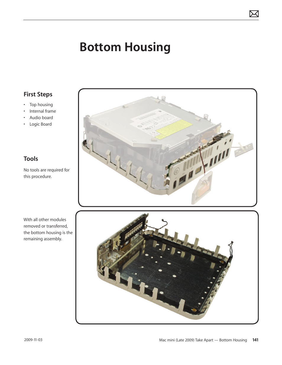 Bottom housing, Bottom housing 141, First steps | Tools | Apple Mac mini Late 2009 (Technician Guide) User Manual | Page 141 / 148