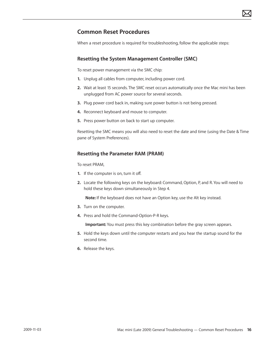 Common reset procedures, Common reset procedures 16 | Apple Mac mini Late 2009 (Technician Guide) User Manual | Page 16 / 148