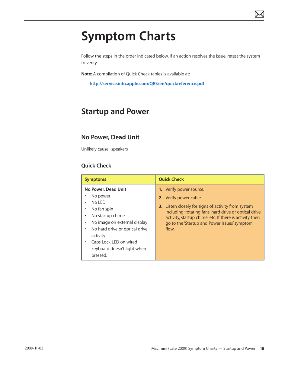 Symptom charts, Startup and power, No power, dead unit | Symptom charts 18, Startup and power 18, No power, dead unit 18 | Apple Mac mini Late 2009 (Technician Guide) User Manual | Page 18 / 148