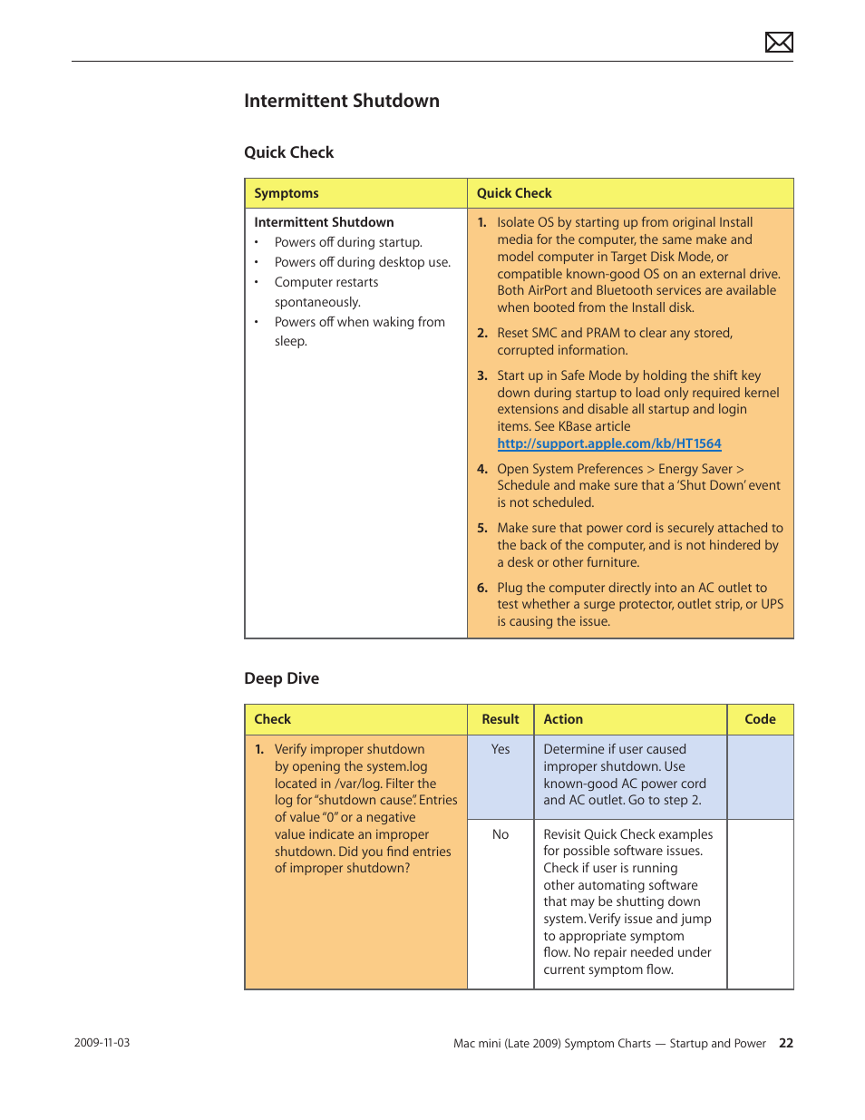Intermittent shutdown, Intermittent shutdown 22 | Apple Mac mini Late 2009 (Technician Guide) User Manual | Page 22 / 148