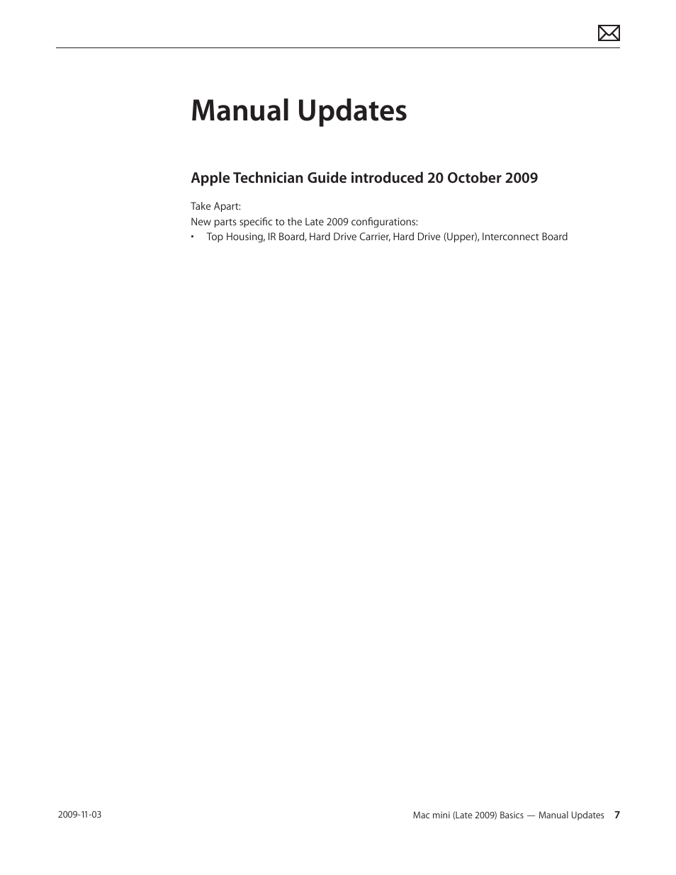 Manual updates, Apple technician guide introduced 20 october 2009, Manual updates 7 | Apple Mac mini Late 2009 (Technician Guide) User Manual | Page 7 / 148