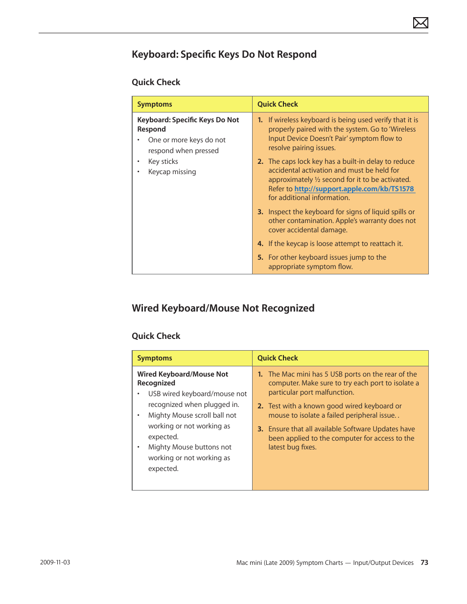 Keyboard: specific keys do not respond, Wired keyboard/mouse not recognized | Apple Mac mini Late 2009 (Technician Guide) User Manual | Page 73 / 148