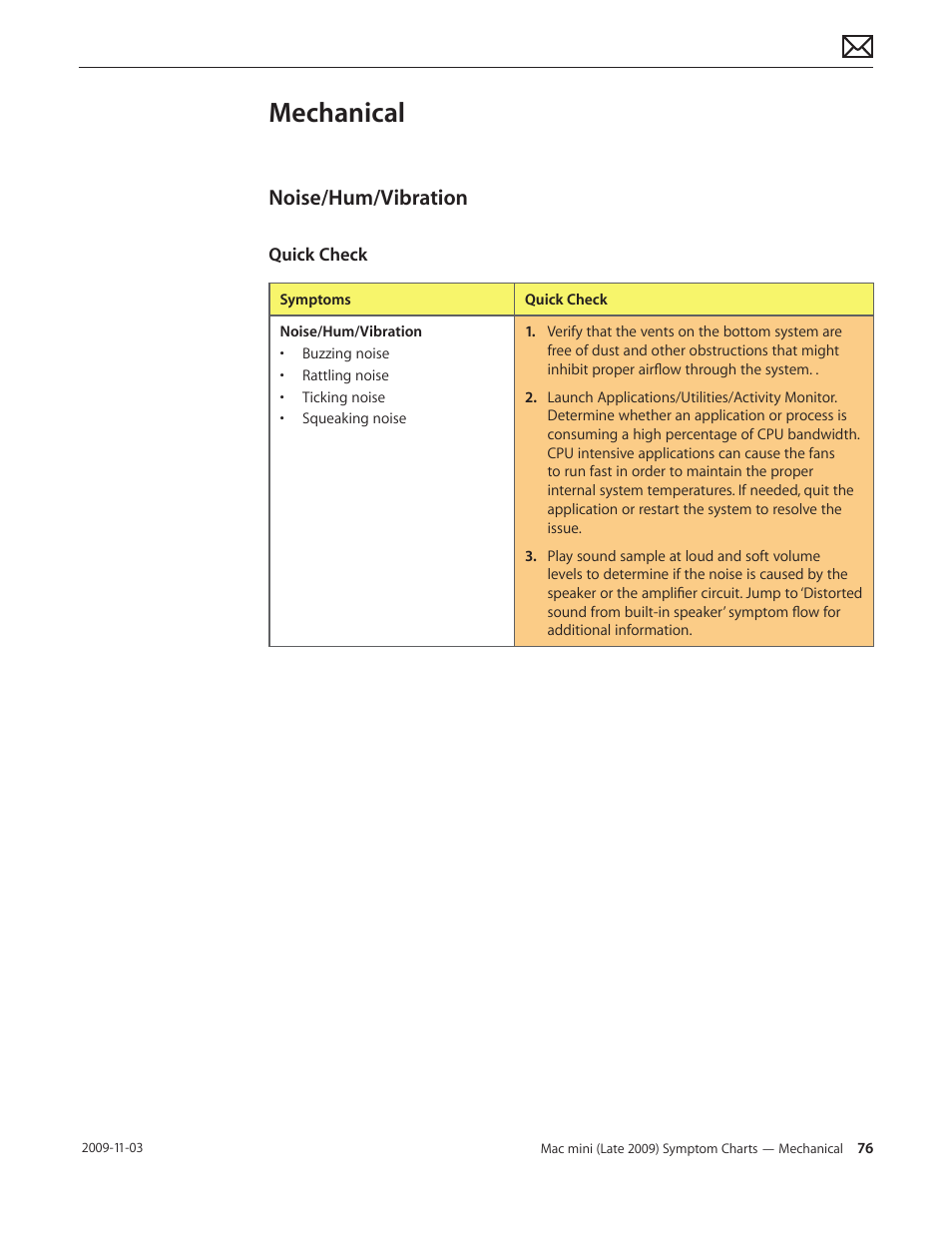 Mechanical, Noise/hum/vibration, Mechanical 76 | Noise/hum/vibration 76 | Apple Mac mini Late 2009 (Technician Guide) User Manual | Page 76 / 148