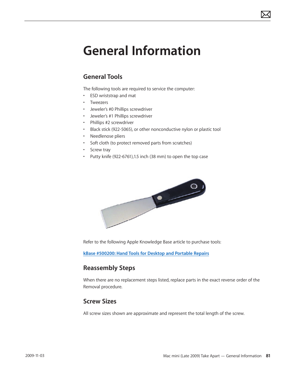 General information, General tools, Reassembly steps | Screw sizes, General information 81 | Apple Mac mini Late 2009 (Technician Guide) User Manual | Page 81 / 148