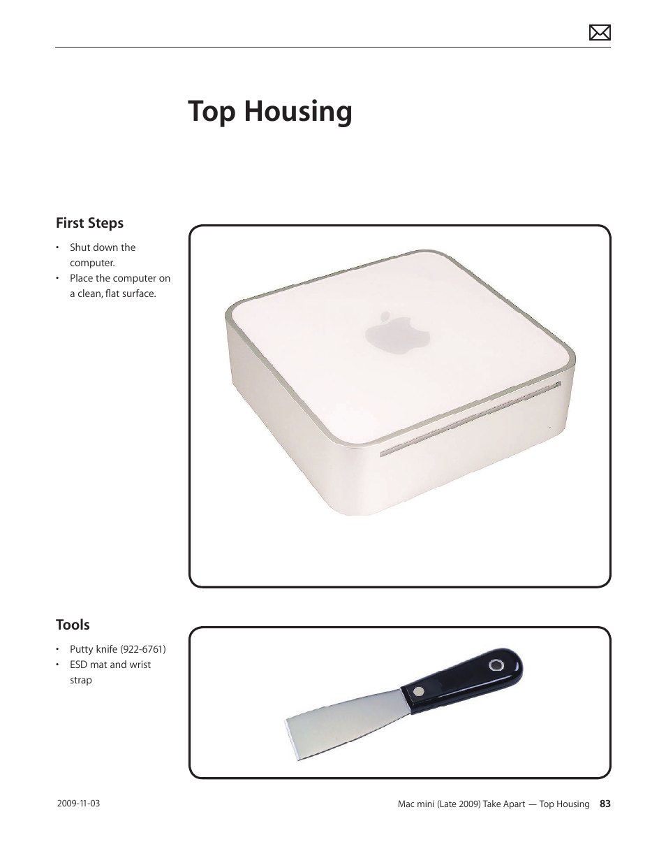 Top housing, Top housing 83, First steps | Tools | Apple Mac mini Late 2009 (Technician Guide) User Manual | Page 83 / 148