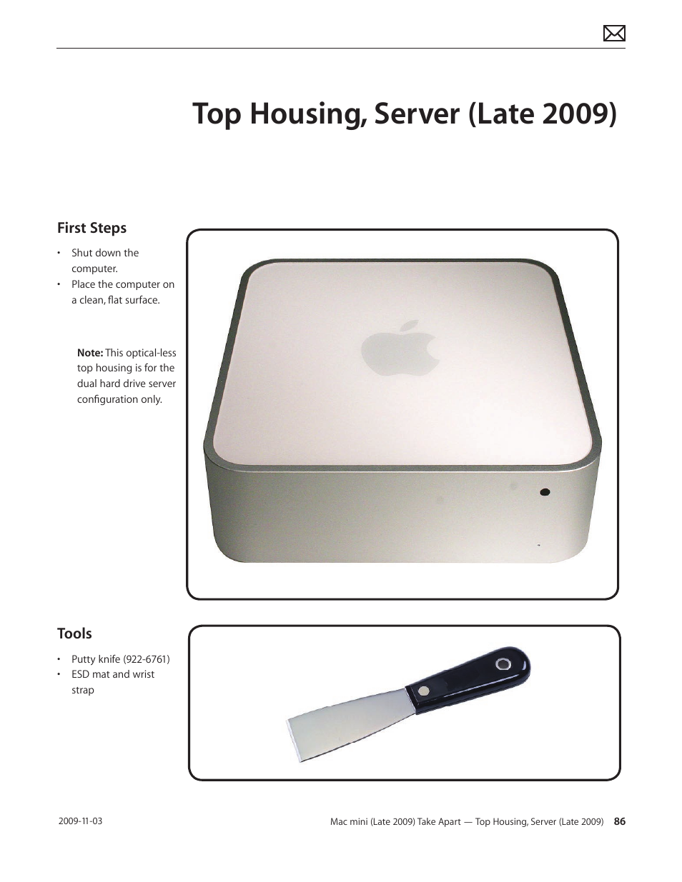 Top housing, server (late 2009), Top housing, server (late 2009) 86, First steps | Tools | Apple Mac mini Late 2009 (Technician Guide) User Manual | Page 86 / 148