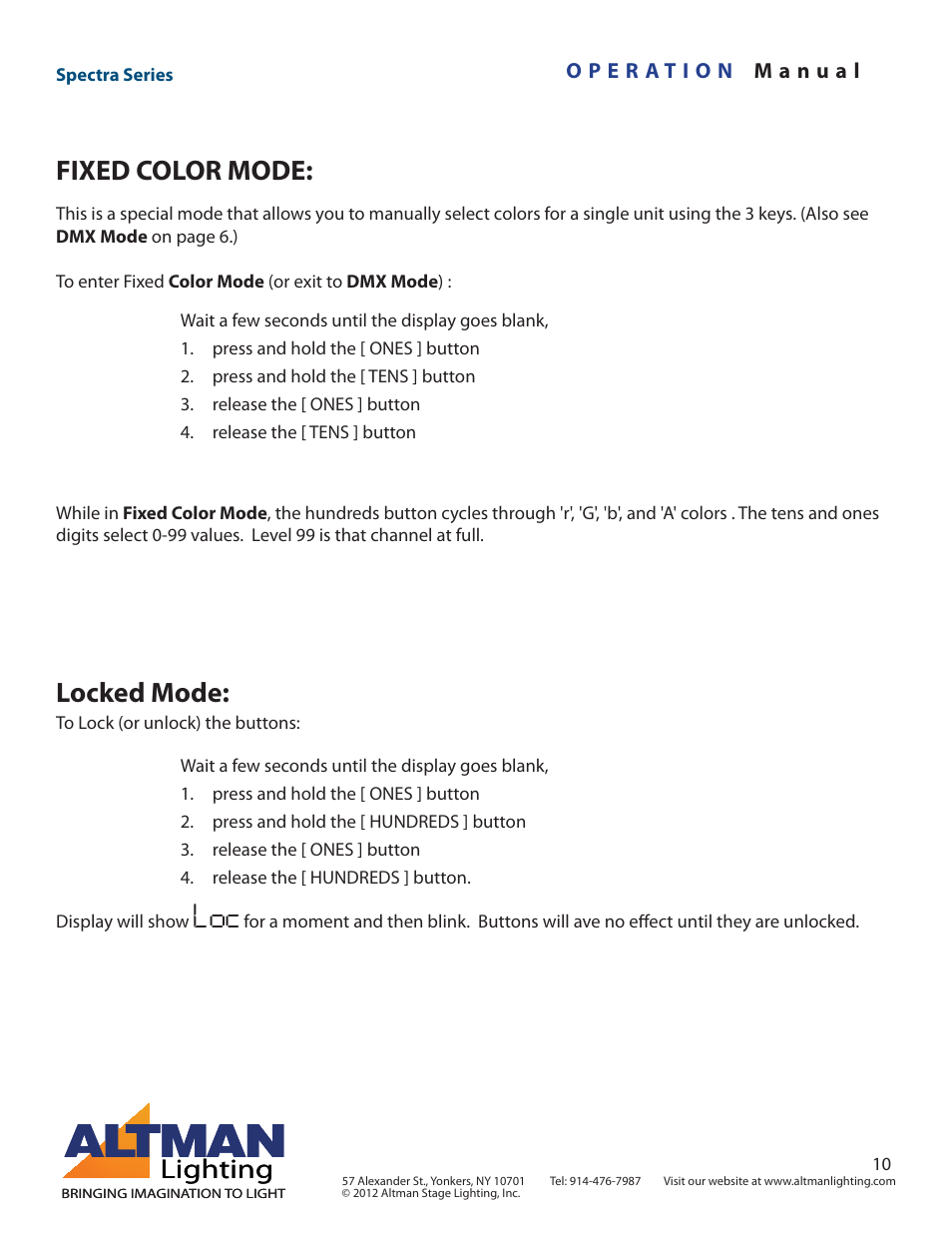 Fixed color mode, Locked mode, Lighting | Altman Lighting Spectra Series User Manual | Page 10 / 18