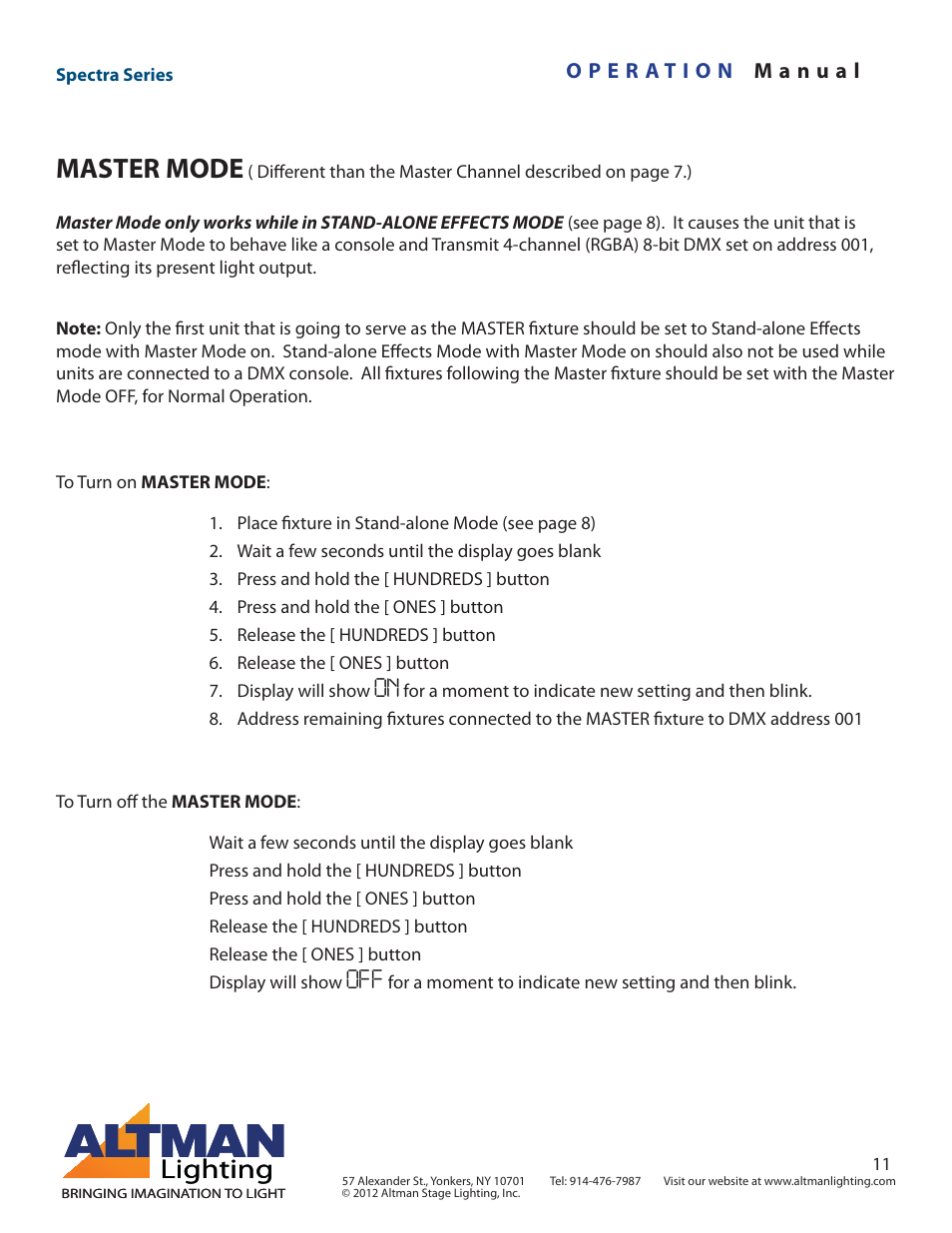 Master mode, Lighting | Altman Lighting Spectra Series User Manual | Page 11 / 18