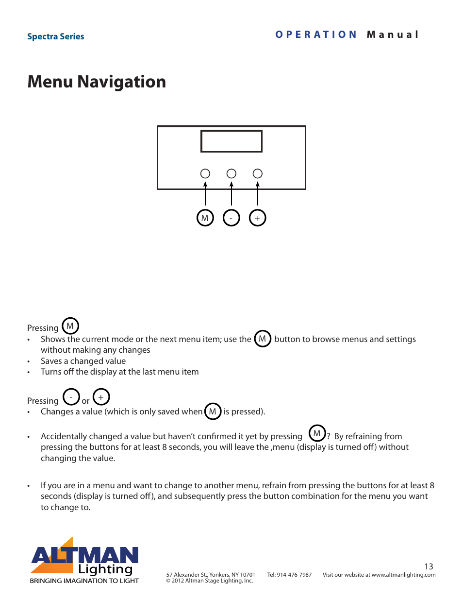 Menu navigation, Lighting | Altman Lighting Spectra Series User Manual | Page 13 / 18