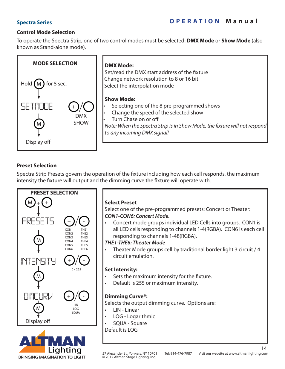 Setmode presets intensity dimcurv, Lighting | Altman Lighting Spectra Series User Manual | Page 14 / 18